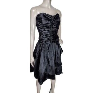 Vintage 80s Satin Strapless Ruched Rear Corset Tulle Fit & Flare Party Dress